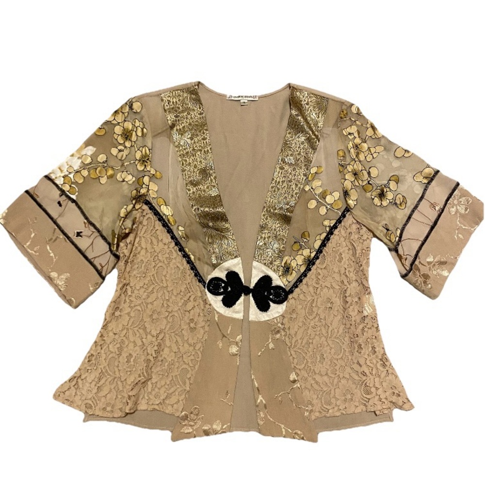 Spencer Alexis Kimono Womens Small Silk Blend Fairy Grunge Gypsy Boho Gold Lace